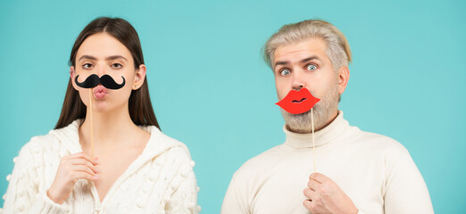 Woman with moustache and man with red lips. Couple gender equality. Diversity, tolerance and gender...