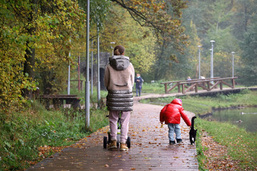 Woman walking with baby pram on wooden path in autumn park. Young mother on a lake coast, child...