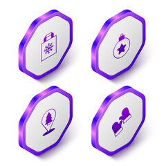 Set Isometric Christmas shopping bag, ball, tree and mittens icon. Purple hexagon button. Vector