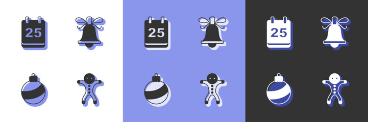 Set Holiday gingerbread man cookie, Christmas calendar, ball and ringing bell icon. Vector