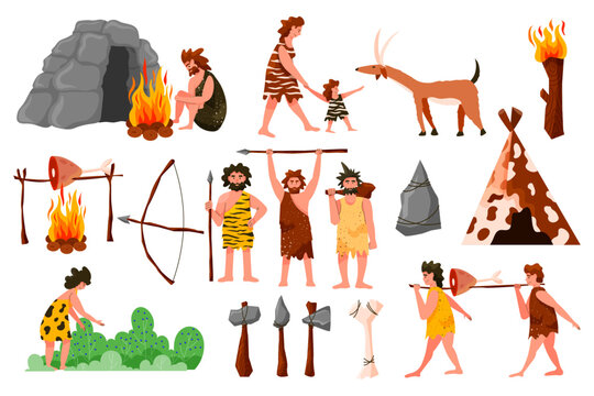Prehistoric cave. Primeval hunter tools. Ancient human characters. Tribal man and woman. Cavemen hunting tiger. People cooking food on fire. Stone axe and bows. Vector Paleolithic set