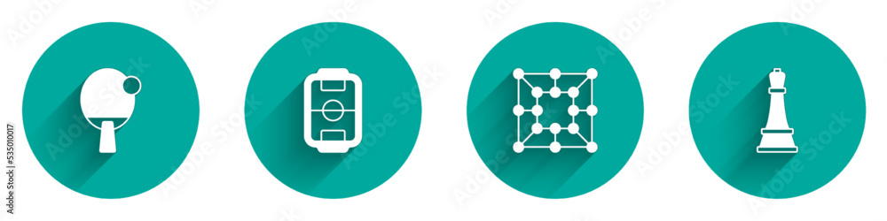 Poster set racket, table football, board game and chess icon with long shadow. vector