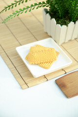 homemade eid snacks, Indonesian traditional cookies isolated on white background, served for Idul Fitri or The Great Islamic Day, front view