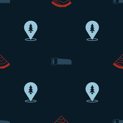 Set Wooden beam, Hand saw and Location of the forest on seamless pattern. Vector