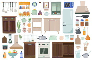 Cute kitchen decor. Home tools. Cooking furniture. Fridge and oven. Scandinavian kitchenware shelves. Sink and microwave. Isolated flat household objects. Vector interior elements set