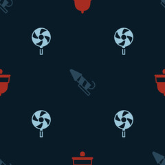 Set Christmas ringing bell, Firework rocket and Lollipop on seamless pattern. Vector