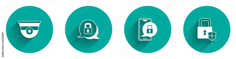 Poster set security camera, lock, mobile with closed padlock and shield security icon with long shadow. vec