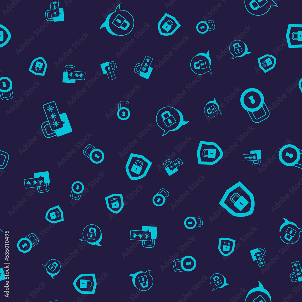 Poster set cyber security, lock, and shield with lock on seamless pattern. vector