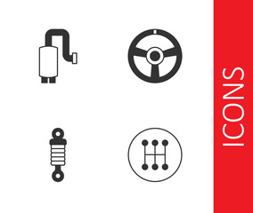 Set Gear shifter, Car muffler, Shock absorber and Racing steering wheel icon. Vector