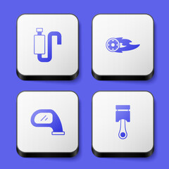 Set Car muffler, Wheel in fire flame, mirror and Engine piston icon. White square button. Vector