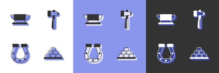 Set Gold bars, Blacksmith anvil tool, Horseshoe and Hammer icon. Vector