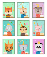 Farm animal birthday posters, celebrate holiday party, children characters in festive cap with cake, confetti and gerland. Greeting cards. Sloth fox and pig. Vector cartoon illustration