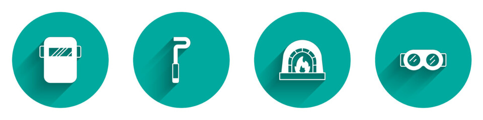 Set Welding mask, Fire poker, Blacksmith oven and glasses icon with long shadow. Vector