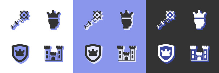 Set Castle, Mace with spikes, Shield crown and King icon. Vector