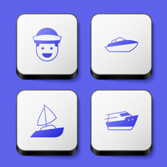 Set Sailor, Speedboat, Yacht sailboat and icon. White square button. Vector