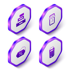 Fototapeta premium Set Isometric Cash register machine, Online shopping on phone, Discount percent tag and POS terminal icon. Purple hexagon button. Vector