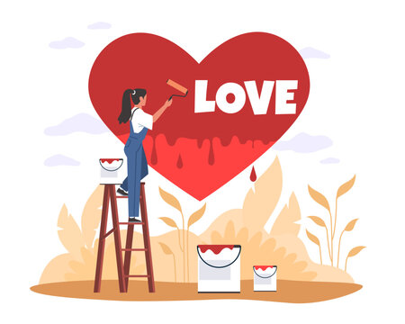 Love for people, obsessive enthusiasm connects emotions with recreational activities. Tiny woman hobby. Pleasure and motivation activity. Enthusiasm and satisfaction. Passion vector concept