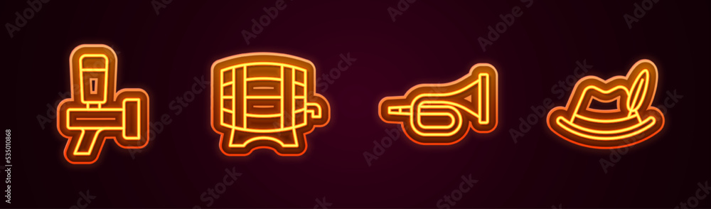 Canvas Prints Set line Beer tap, Wooden barrel on rack, Trumpet and Oktoberfest hat. Glowing neon icon. Vector