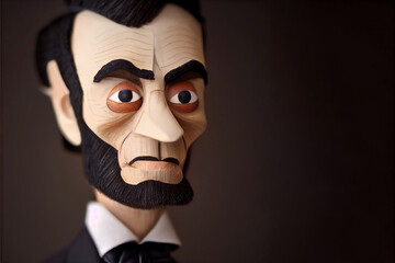 3D Rendered portraits of Abraham Lincoln wool felt dolls, cartoon cute historical figures, can be used for education, cultural commentary, and magazine reports.