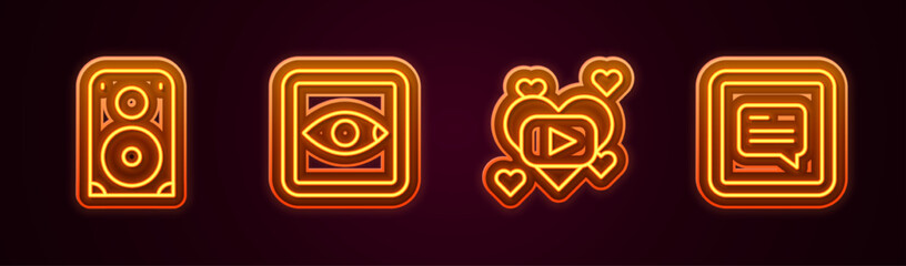 Set line Stereo speaker, Rating movie, Romantic and Video with subtitles. Glowing neon icon. Vector