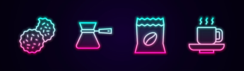 Set line Cookie or biscuit, Coffee turk, Bag coffee beans and cup. Glowing neon icon. Vector