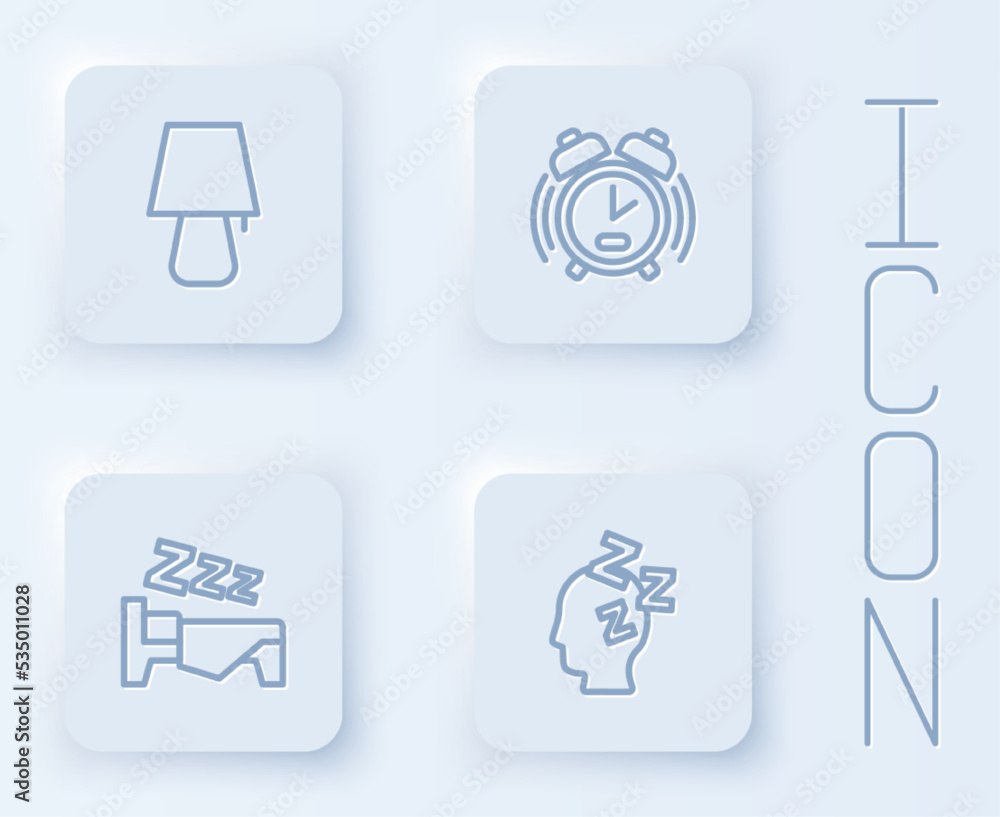 Poster set line table lamp, alarm clock, time to sleep and dreams. white square button. vector