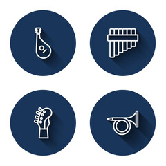 Set line Bandura, Pan flute, Guitar neck and Trumpet with long shadow. Blue circle button. Vector