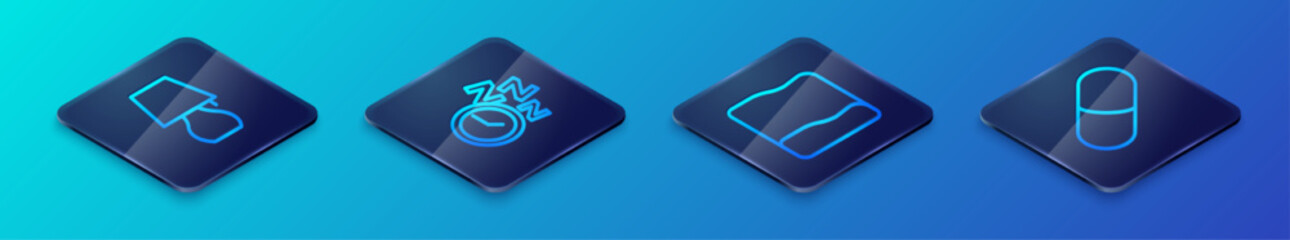 Set Isometric line Pillow, Table lamp, Sleeping pill and Alarm clock icon. Vector