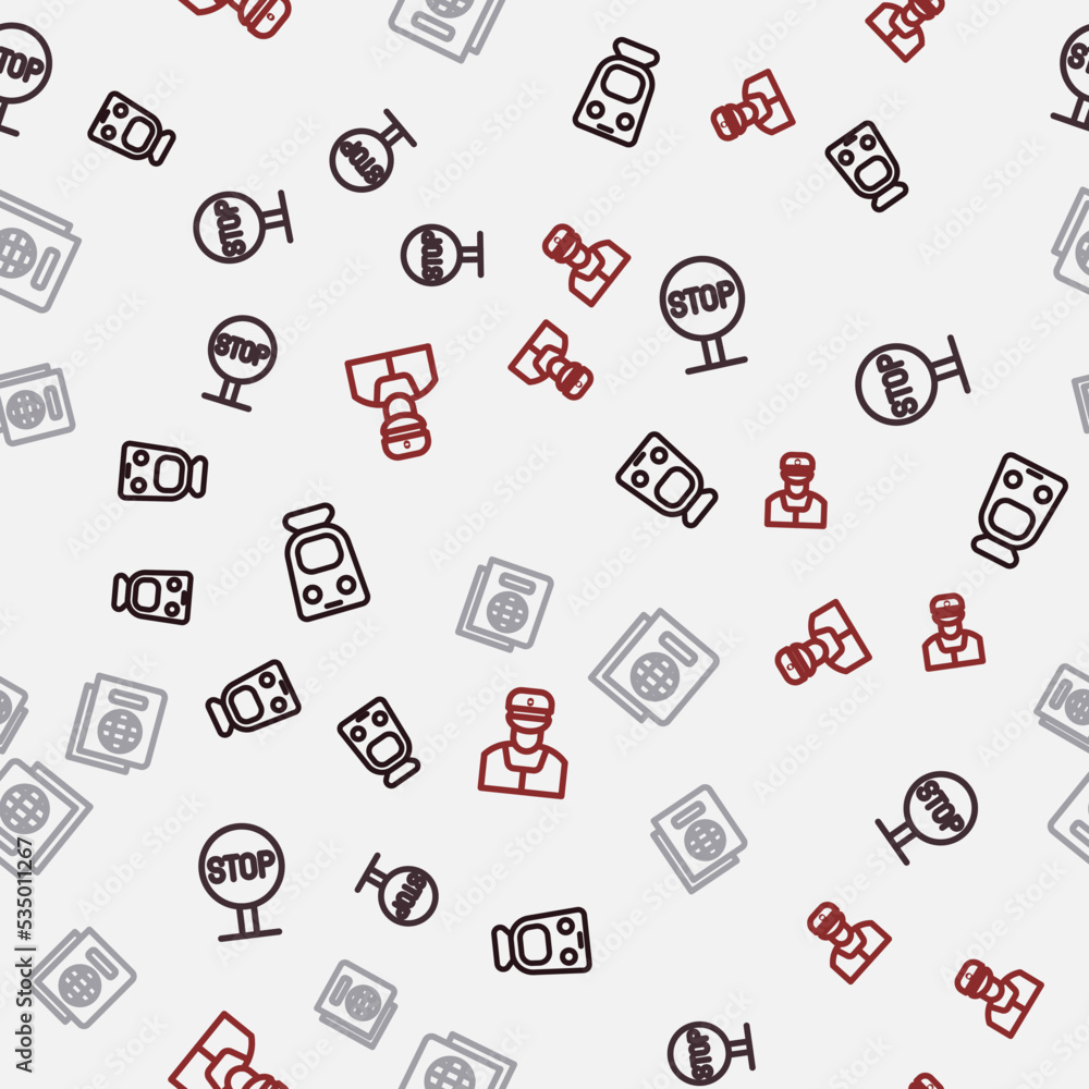 Poster set line train and railway, stop sign, passport and conductor on seamless pattern. vector