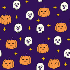 Halloween retro seamless pattern with pumpkins and skulls.  Psychedelic halloween seamless dark background