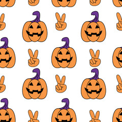 Halloween pumpkin retro seamless pattern.  Psychedelic halloween seamless white background.