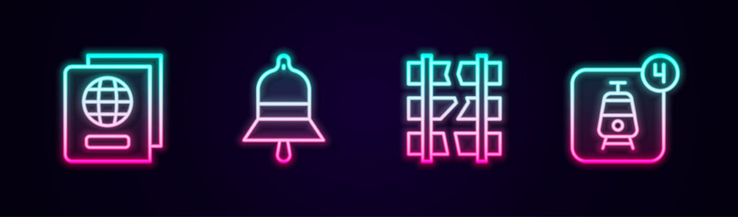 Set line Passport, Train station bell, Broken cracked railway and Online ticket booking. Glowing neon icon. Vector