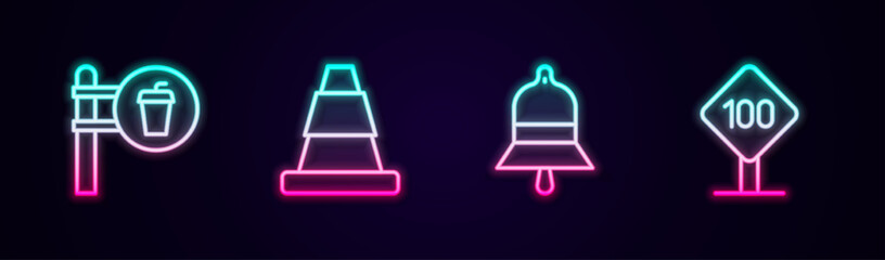 Obraz premium Set line Cafe and restaurant location, Traffic cone, Train station bell and Speed limit traffic sign 100 km. Glowing neon icon. Vector