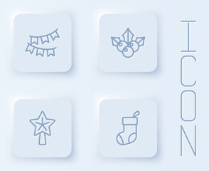 Set line Carnival garland with flags, Branch viburnum, Christmas star and stocking. White square button. Vector