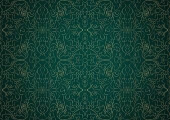 Hand-drawn unique abstract gold ornament on a dark green cold background, with vignette of darker background color. Paper texture. Digital artwork, A4. (pattern: p07-1b)