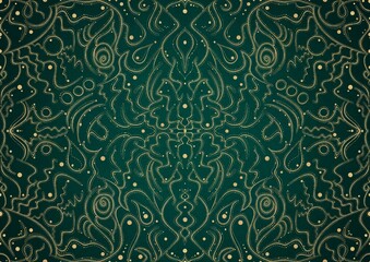 Hand-drawn unique abstract gold ornament on a dark green cold background, with vignette of darker background color. Paper texture. Digital artwork, A4. (pattern: p07-2a)