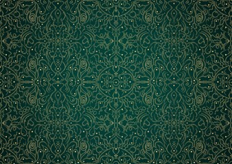 Hand-drawn unique abstract gold ornament on a dark green cold background, with vignette of darker background color. Paper texture. Digital artwork, A4. (pattern: p07-2b)