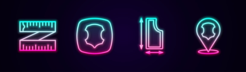 Fototapeta premium Set line Tape measure, Leather, Sewing pattern and . Glowing neon icon. Vector
