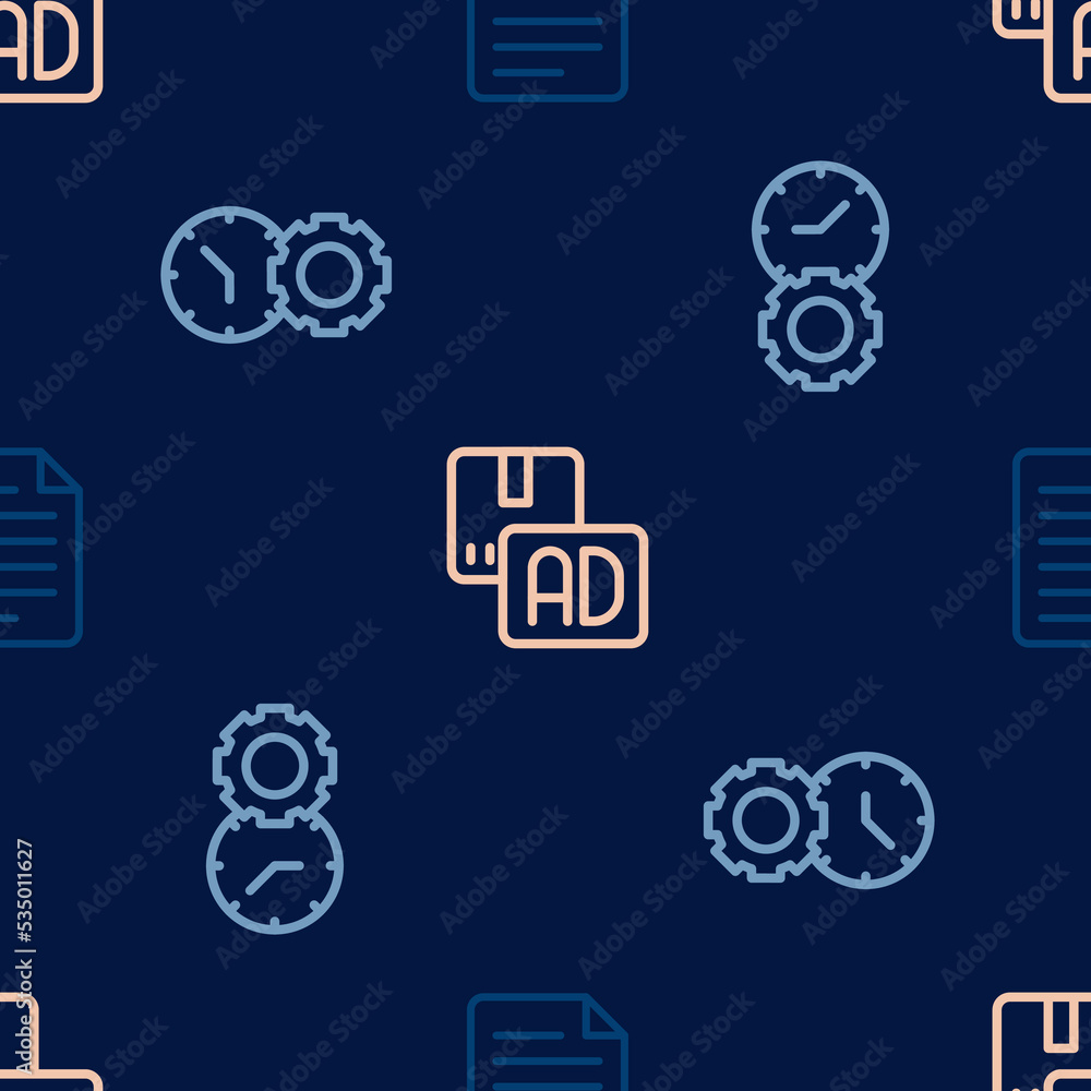 Poster set line file document, time management and advertising on seamless pattern. vector
