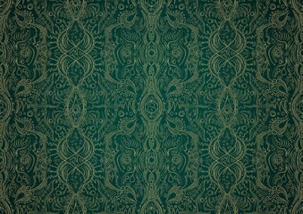 Hand-drawn unique abstract gold ornament on a dark green cold background, with vignette of darker background color. Paper texture. Digital artwork, A4. (pattern: p09b)