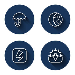 Set line Umbrella, Moon phases, Lightning bolt and Sunset with long shadow. Blue circle button. Vector