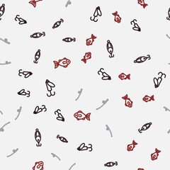 Set line Fishing lure, rod and on seamless pattern. Vector