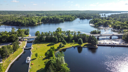Drone shot of the Buckhorn Lock on the Trent Severn Canal in Ontario, Canada