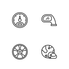 Set line Racing helmet, Alloy wheel for car, Speedometer and Car mirror icon. Vector