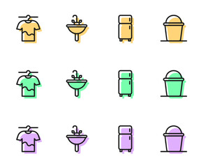 Set line Refrigerator, Drying clothes, Washbasin and Bucket icon. Vector