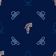 Obraz premium Set line Fruit tree, Farmer worker hat and Garden hose on seamless pattern. Vector