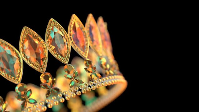 Golden crown with brilliants on black background 3D 4K looped animation. Sparkling royal corona. Close-up.