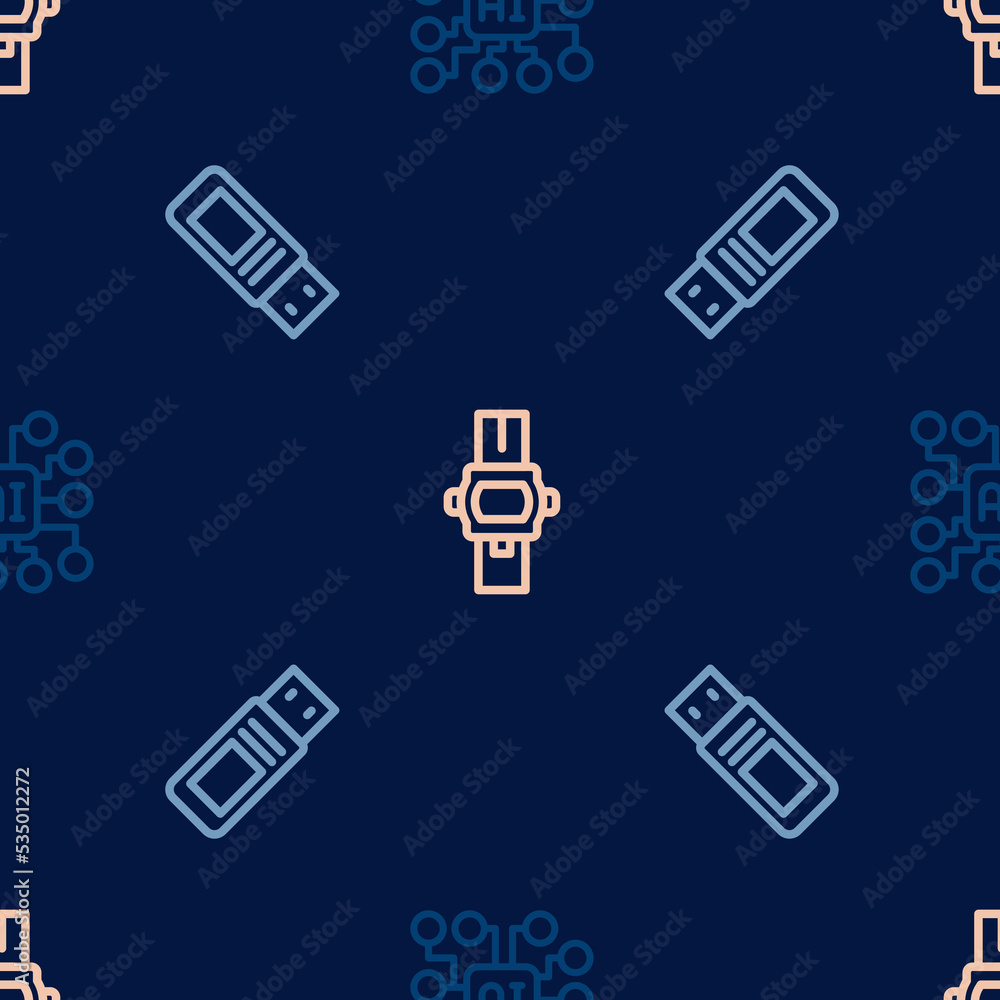 Poster set line neural network, usb flash drive and wrist watch on seamless pattern. vector