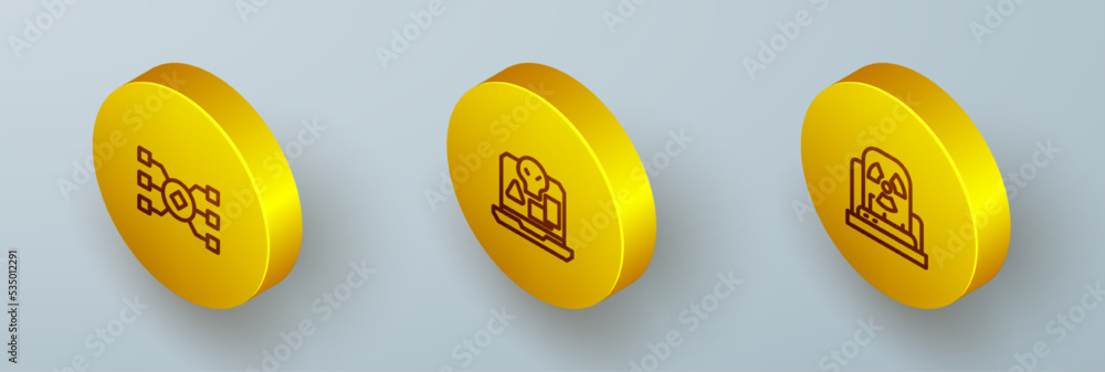 Aufkleber set isometric line neural network, internet piracy and radioactive warning lamp icon. vector