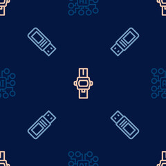 Set line Neural network, USB flash drive and Wrist watch on seamless pattern. Vector